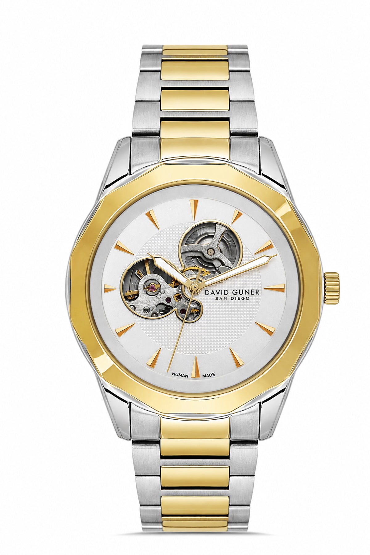 David Guner 9045GA-D1 men's automatic watch with silver dial, two-tone case and stainless steel bracelet – front view