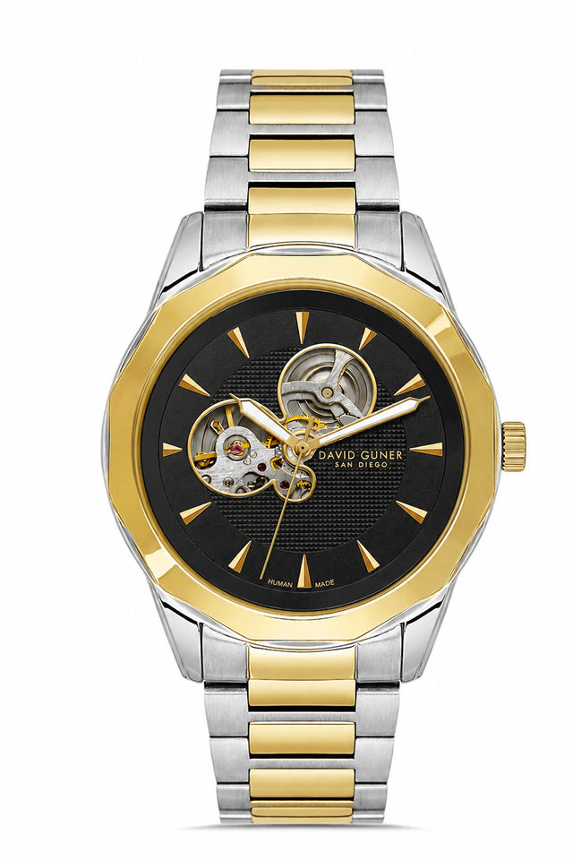David Guner 9045GA-D2 men's automatic watch with black dial, two-tone case and stainless steel bracelet – front view