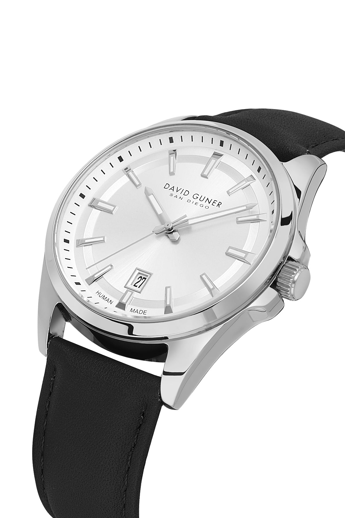 David Guner 9053GB-J1 men's watch with silver dial, silver-tone case and black genuine leather strap – angled view
