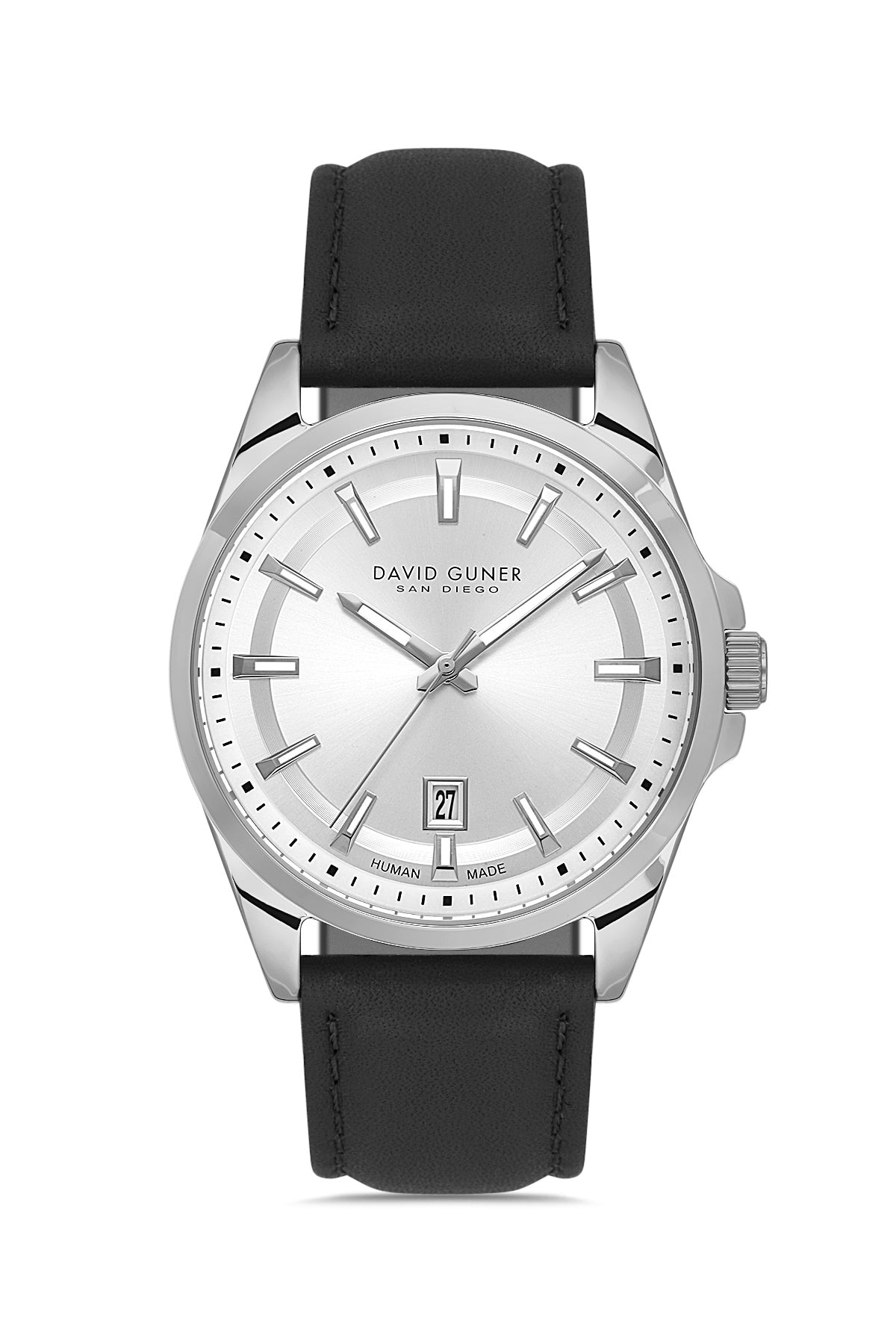 David Guner 9053GB-J1 men's watch with silver dial, silver-tone case and black genuine leather strap – front view