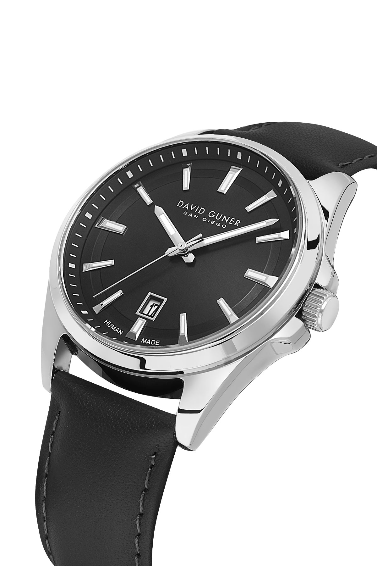 David Guner 9053GB-J2 men's watch with black dial, silver-tone case and black genuine leather strap – angled view