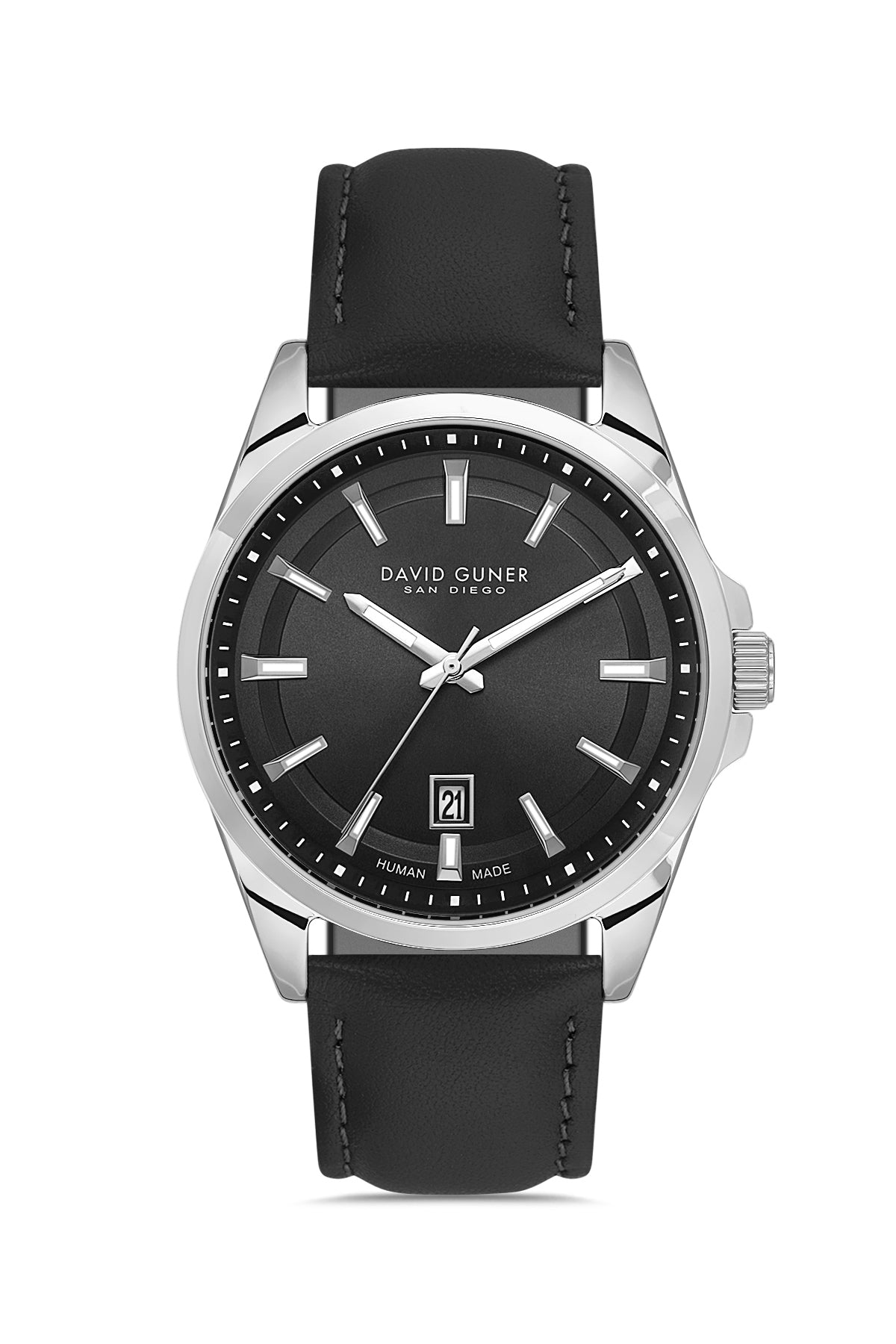 David Guner 9053GB-J2 men's watch with black dial, silver-tone case and black genuine leather strap – front view