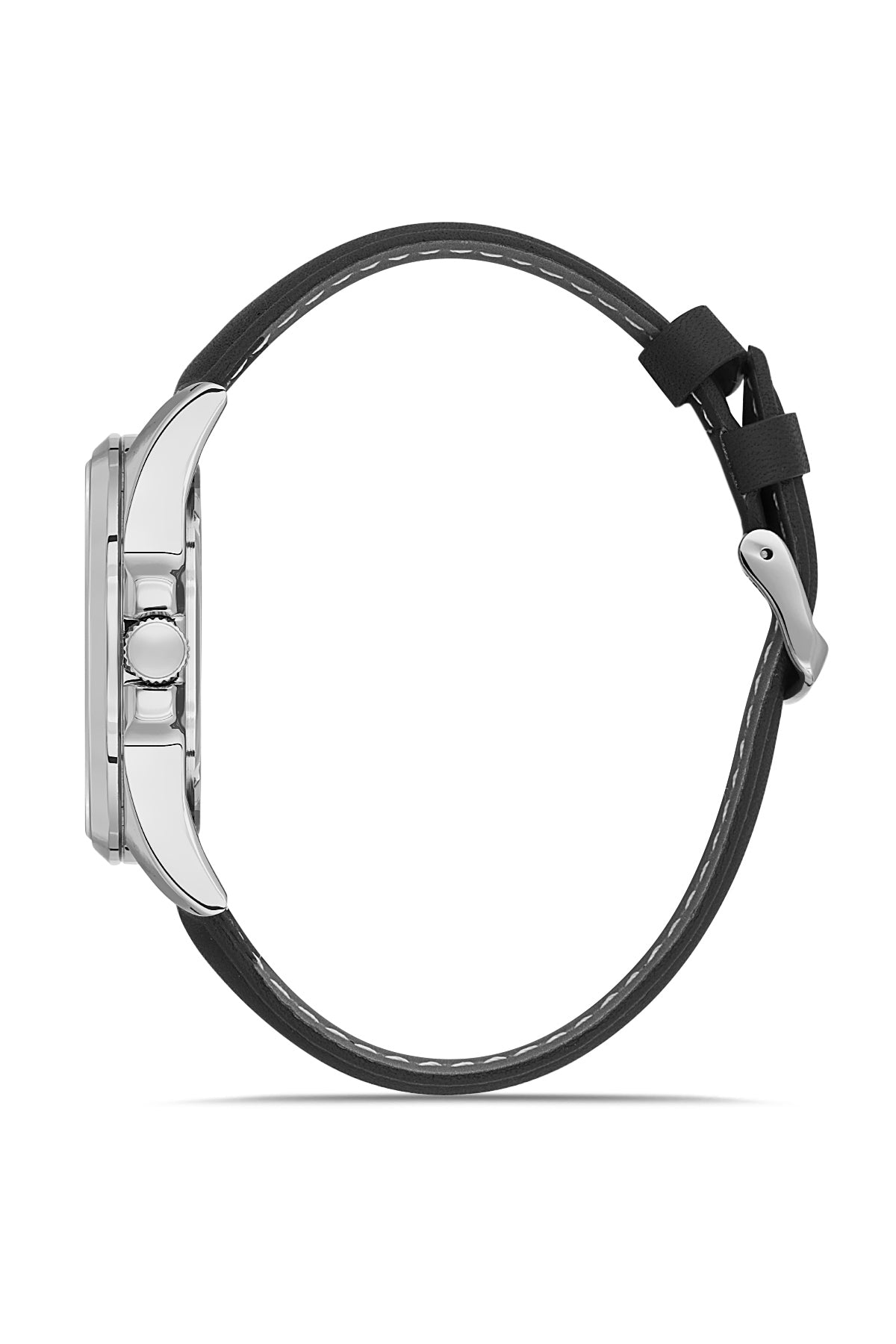 David Guner 9053GB-J2 men's watch with black dial, silver-tone case and black genuine leather strap – side view