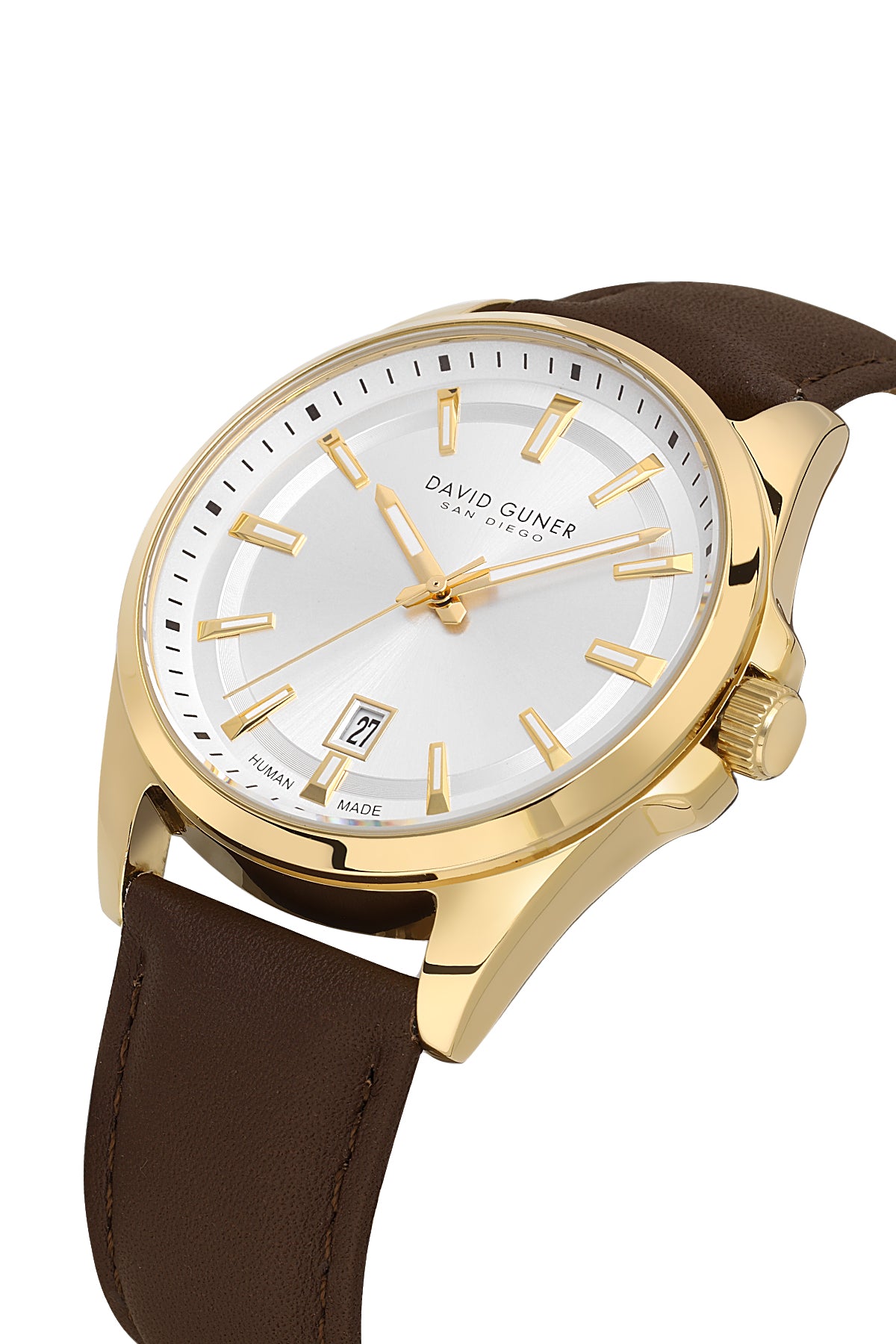 David Guner 9053GB-O1 men's watch with silver dial, gold-tone case and brown genuine leather strap – angled view