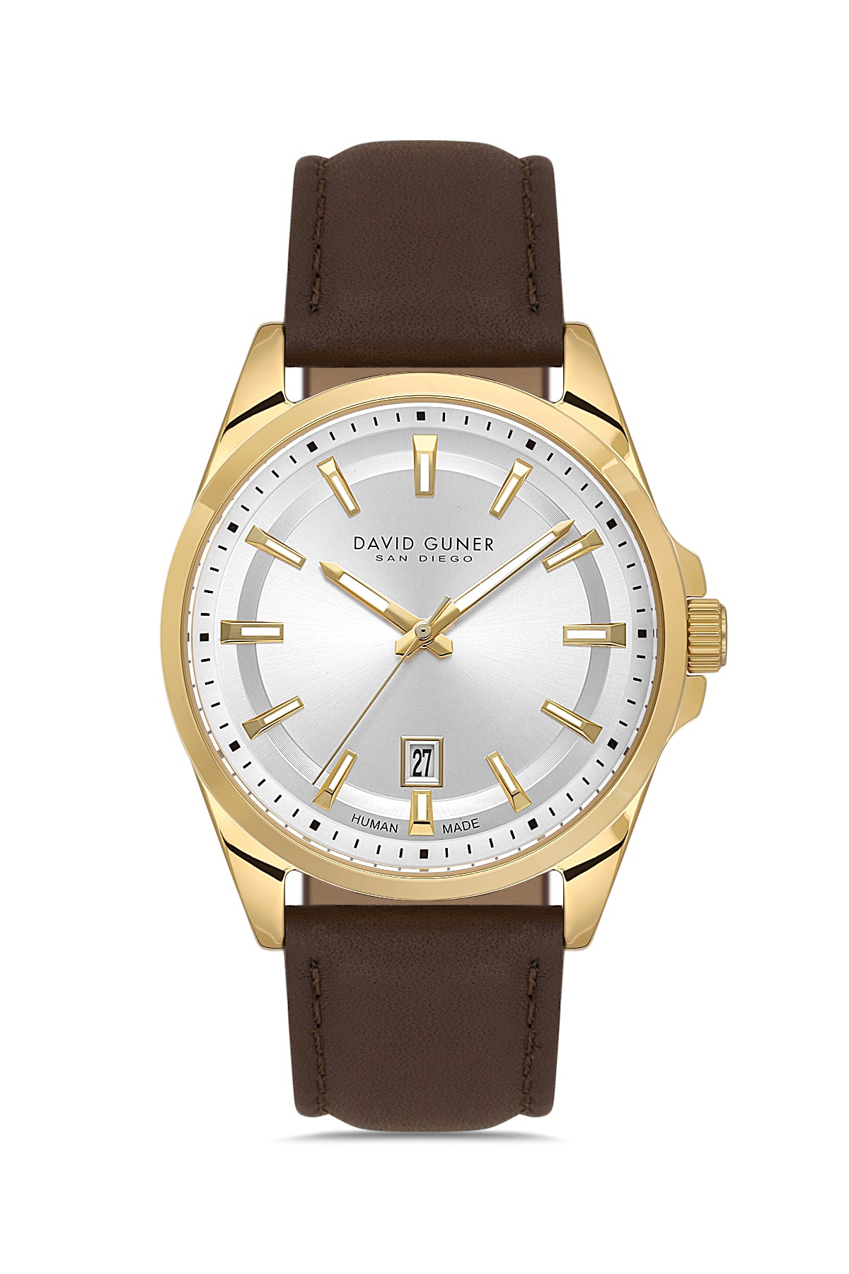 David Guner 9053GB-O1 men's watch with silver dial, gold-tone case and brown genuine leather strap – front view