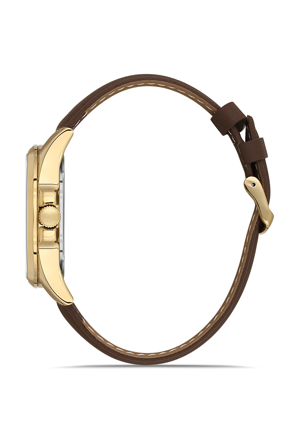 David Guner 9053GB-O1 men's watch with silver dial, gold-tone case and brown genuine leather strap – side view