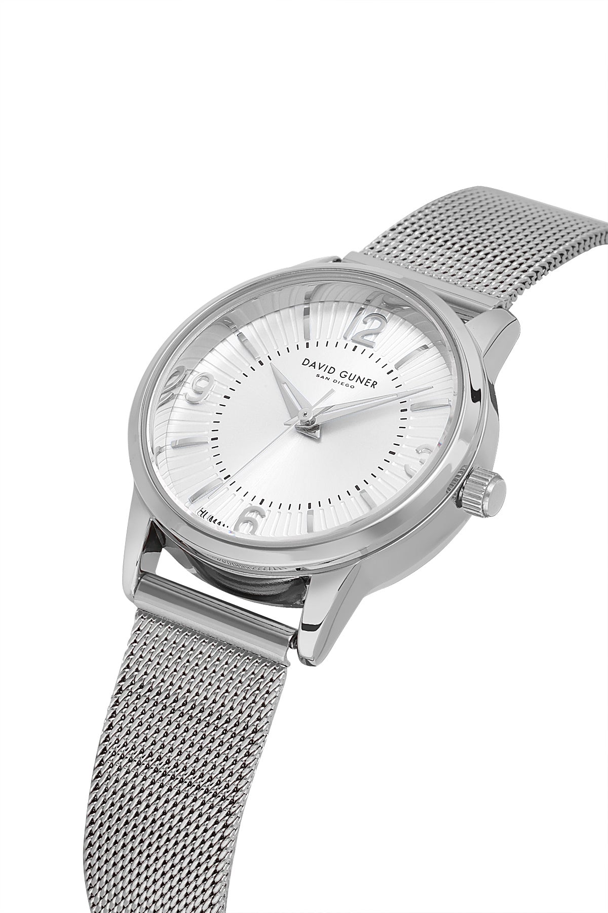 David Guner 9059LC-A1 women's watch with silver dial, silver-tone case and stainless steel mesh bracelet – angled view