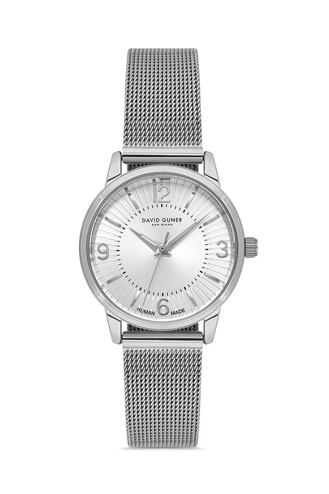 David Guner 9059LC-A1 women's watch with silver dial, silver-tone case and stainless steel mesh bracelet – front view