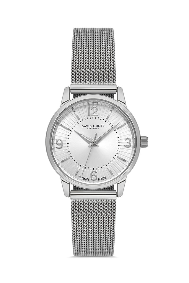 David Guner 9059LC-A1 women's watch with silver dial, silver-tone case and stainless steel mesh bracelet – front view