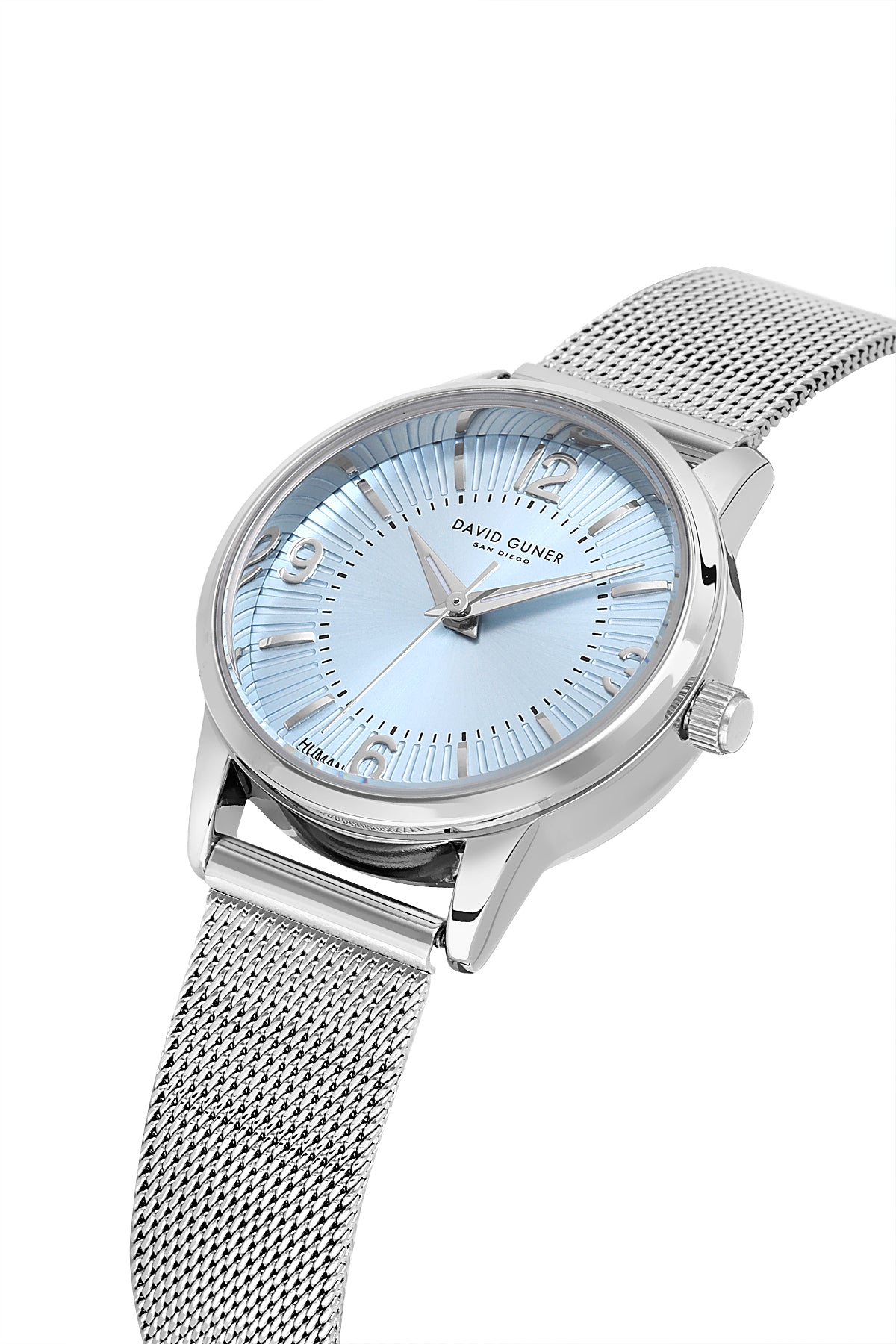 David Guner 9059LC-A15 women's watch with light blue dial, silver-tone case and stainless steel mesh bracelet – angled view