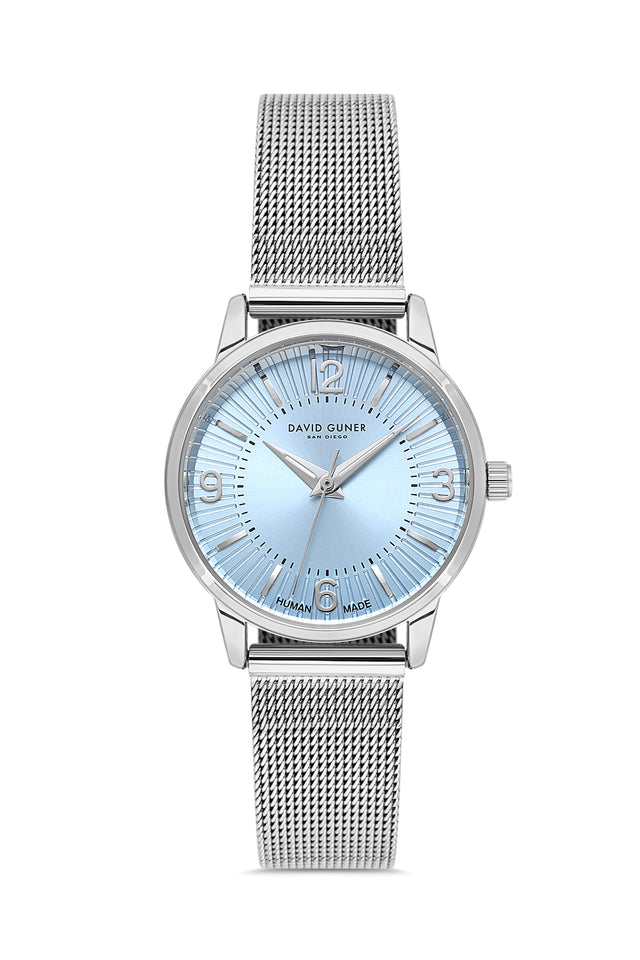 David Guner 9059LC-A15 women's watch with light blue dial, silver-tone case and stainless steel mesh bracelet – front view
