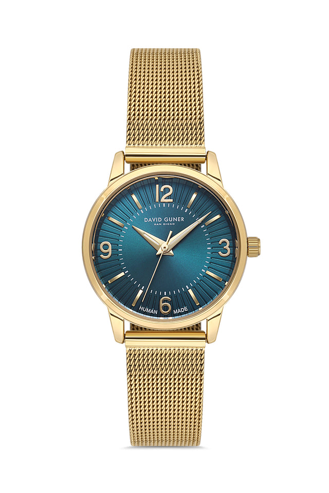 David Guner 9059LC-B3 women's watch with teal dial, gold-tone case and stainless steel mesh bracelet – front view