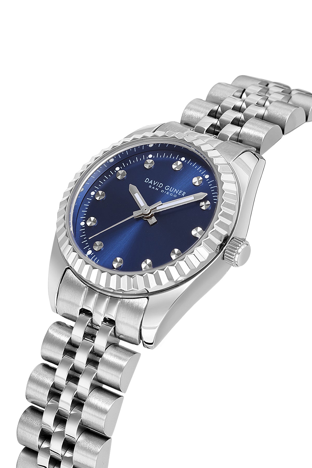 David Guner 9061LA-A3 women's watch with blue dial, silver-tone case and stainless steel bracelet – angled view