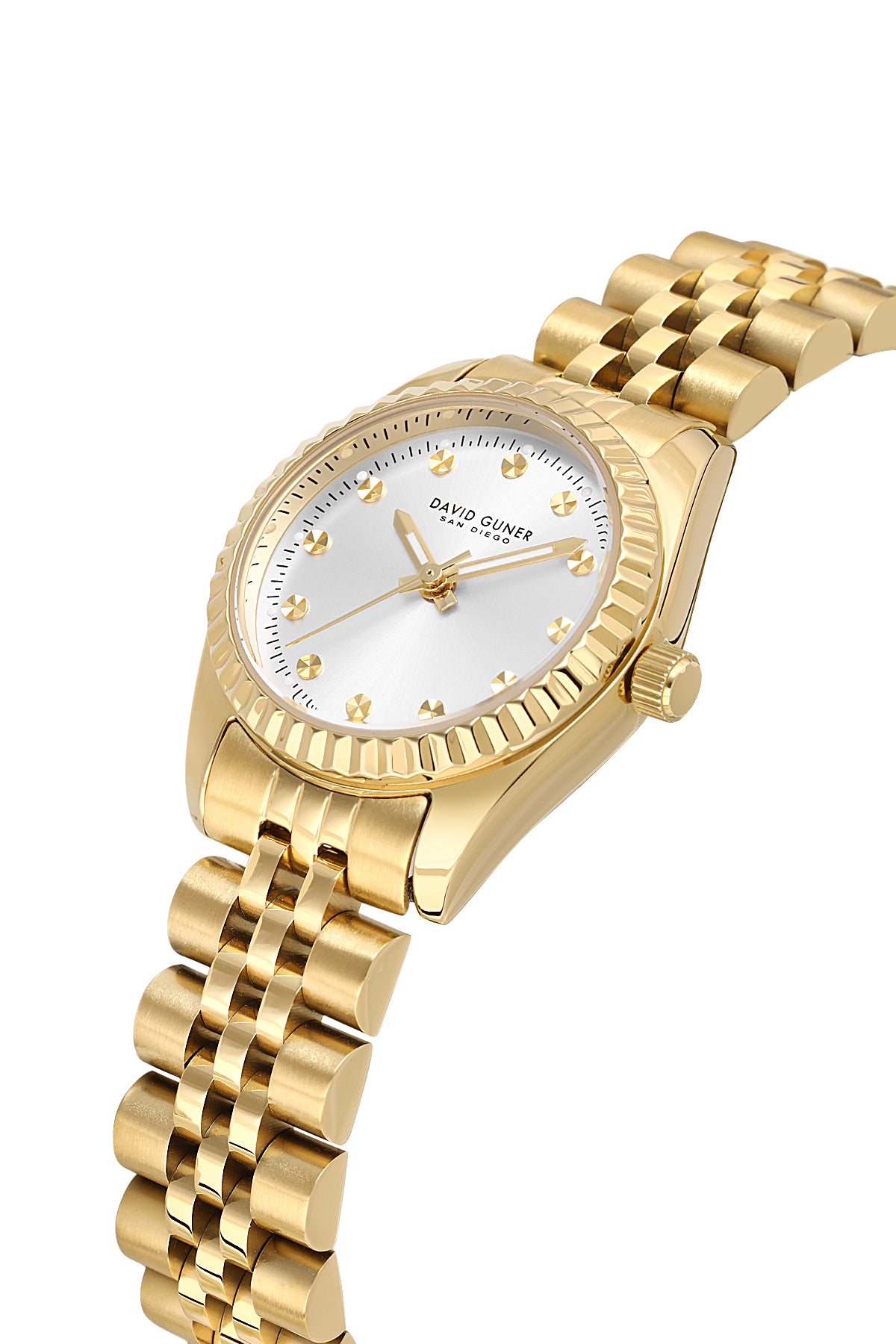 David Guner 9061LA-B1 women's watch with silver dial, gold-tone case and stainless steel bracelet – angled view