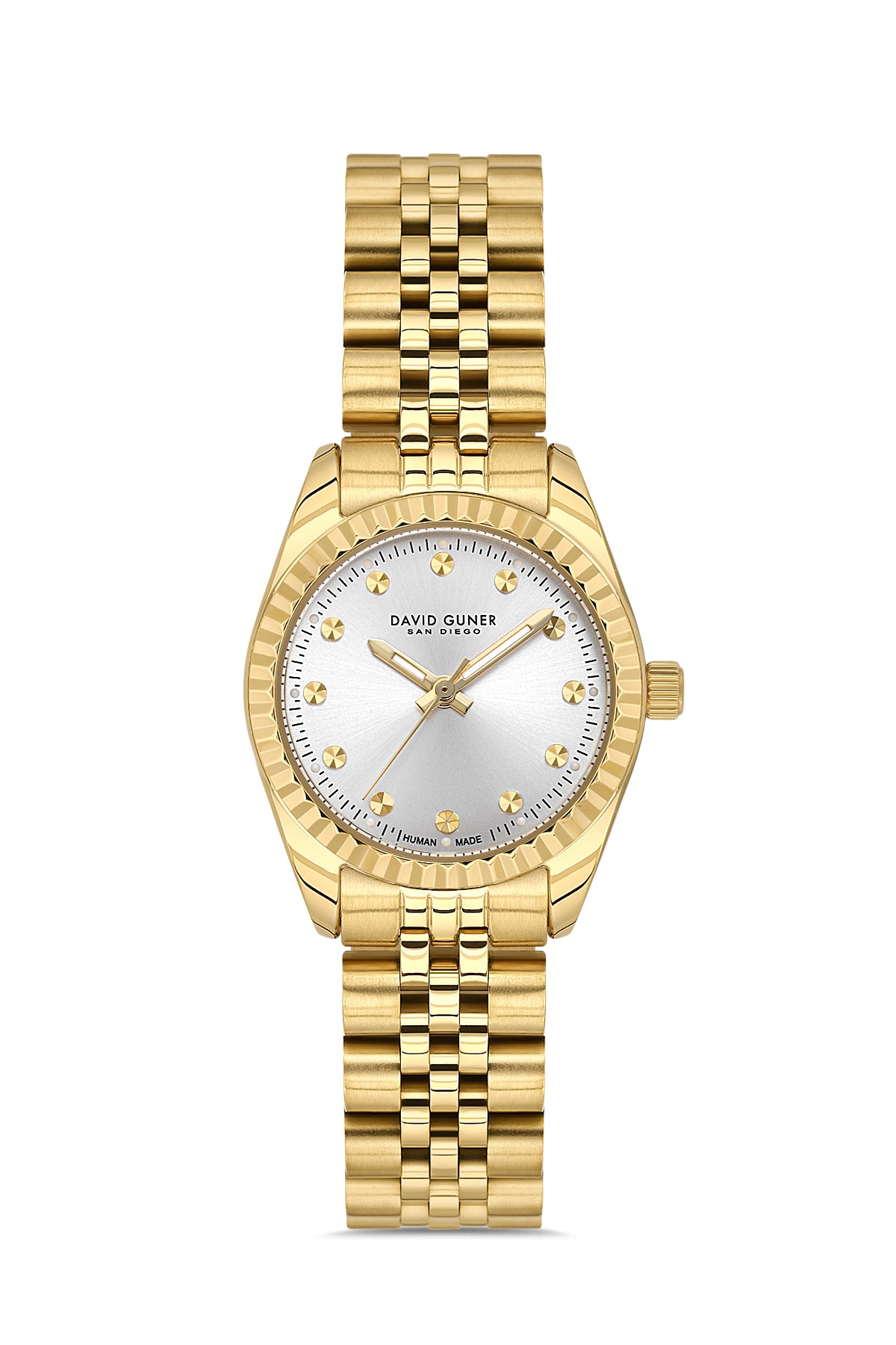 David Guner 9061LA-B1 women's watch with silver dial, gold-tone case and stainless steel bracelet – front view