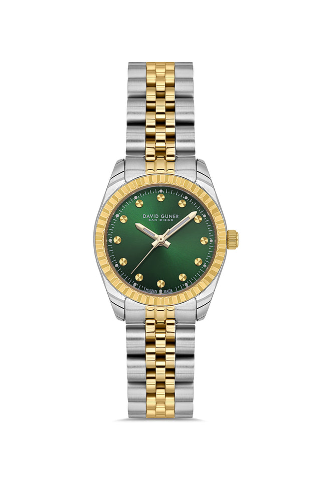 David Guner 9061LA-D10 women's watch with green dial, two-tone case and stainless steel bracelet – front view