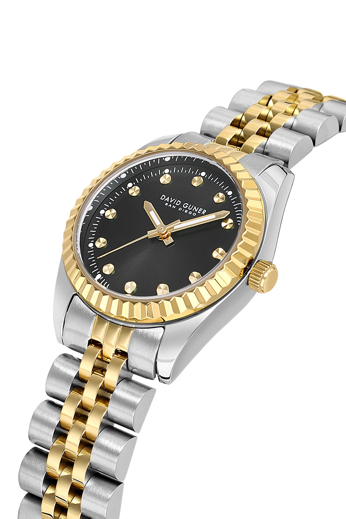David Guner 9061LA-D2 women's watch with black dial, two-tone case and stainless steel bracelet – angled view