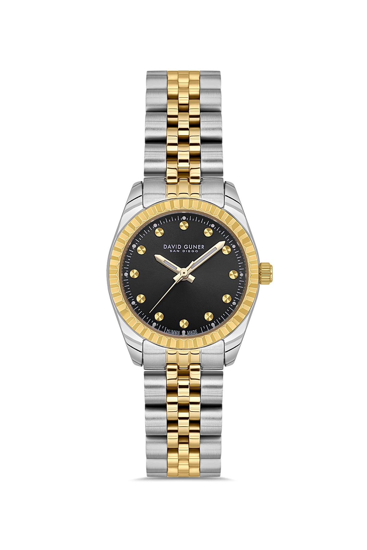 David Guner 9061LA-D2 women's watch with black dial, two-tone case and stainless steel bracelet – front view