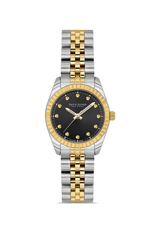 David Guner 9061LA-D2 women's watch with black dial, two-tone case and stainless steel bracelet – front view