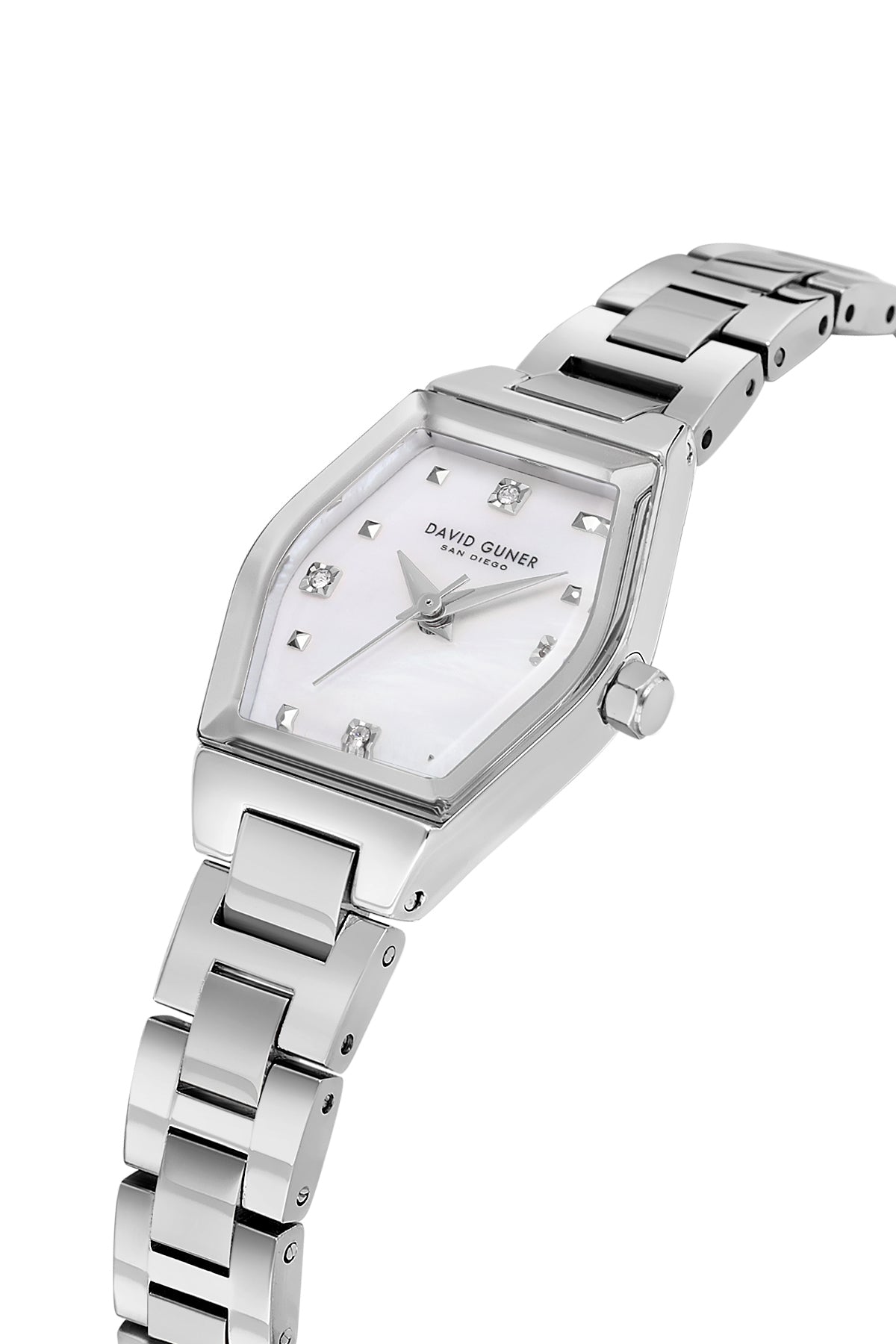 David Guner 9065LA-A1 women's watch with white mother-of-pearl dial, silver-tone case and stainless steel bracelet – angled view