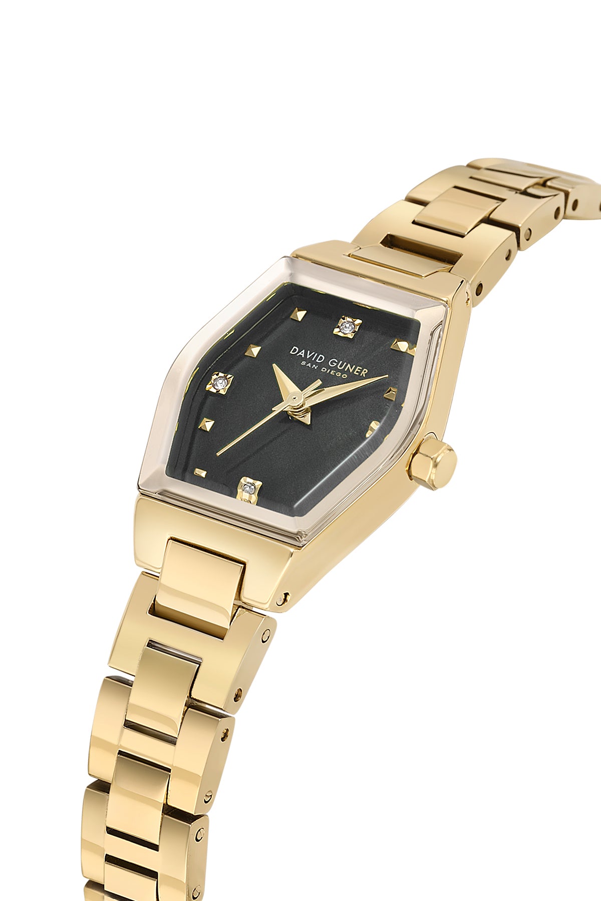 David Guner 9065LA-B2 women's watch with black dial, gold-tone case and stainless steel bracelet – angled view