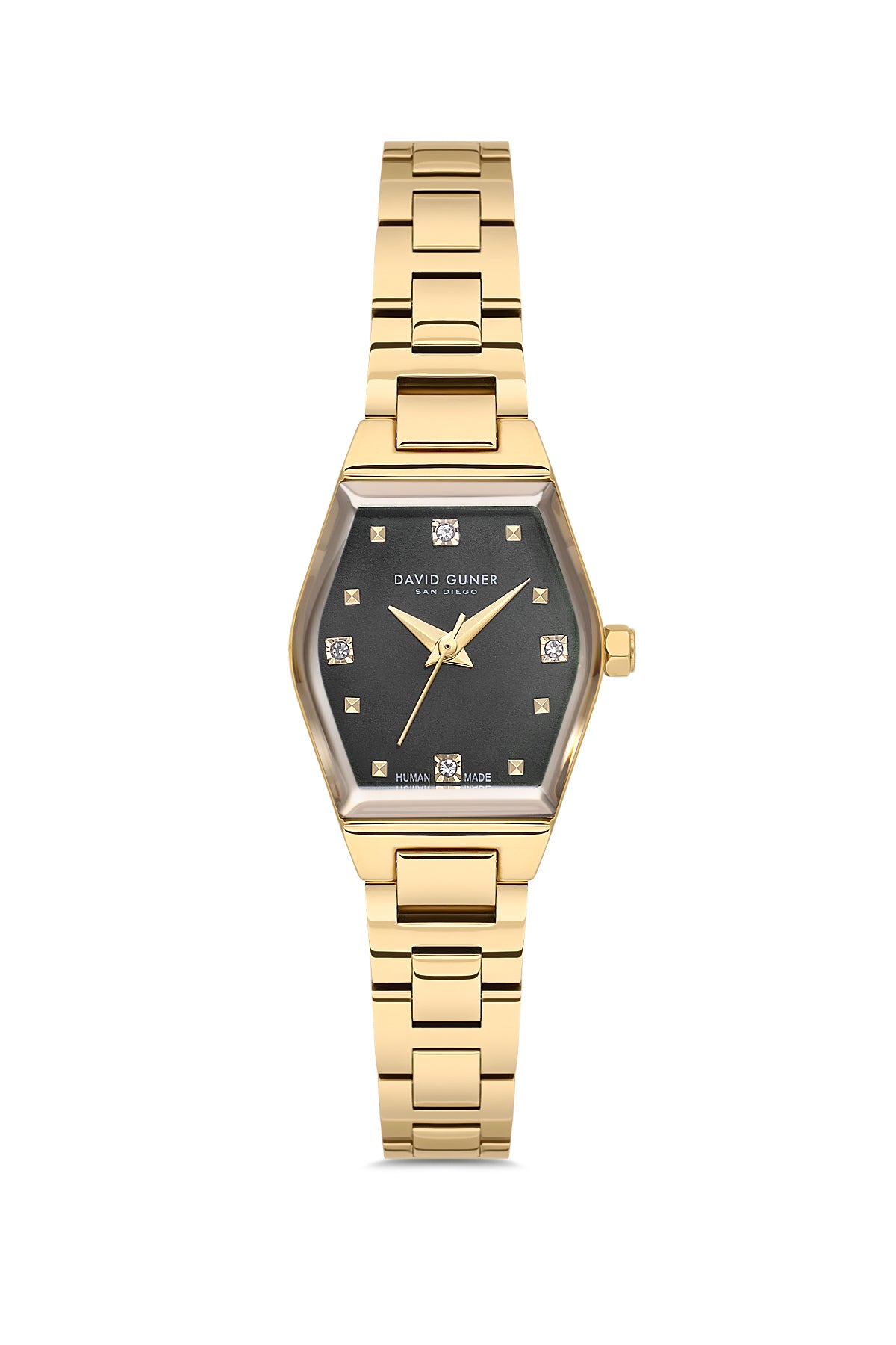 David Guner 9065LA-B2 women's watch with black dial, gold-tone case and stainless steel bracelet – front view
