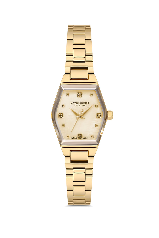 David Guner 9065LA-B4 women's watch with gold mother-of-pearl dial, gold-tone case and stainless steel bracelet – front view