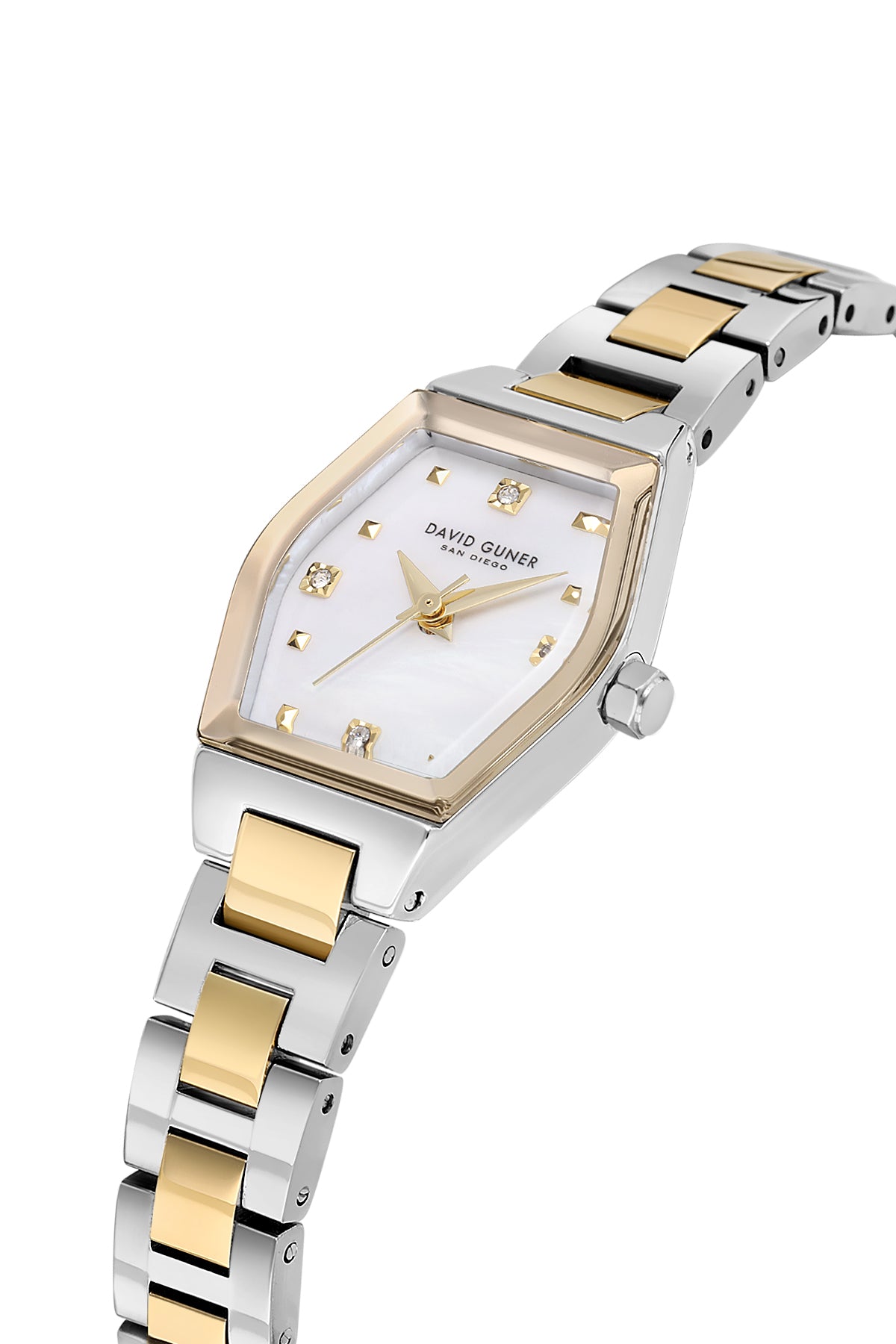 David Guner 9065LA-D1 women's watch with white mother-of-pearl dial, two-tone case and stainless steel bracelet – angled view