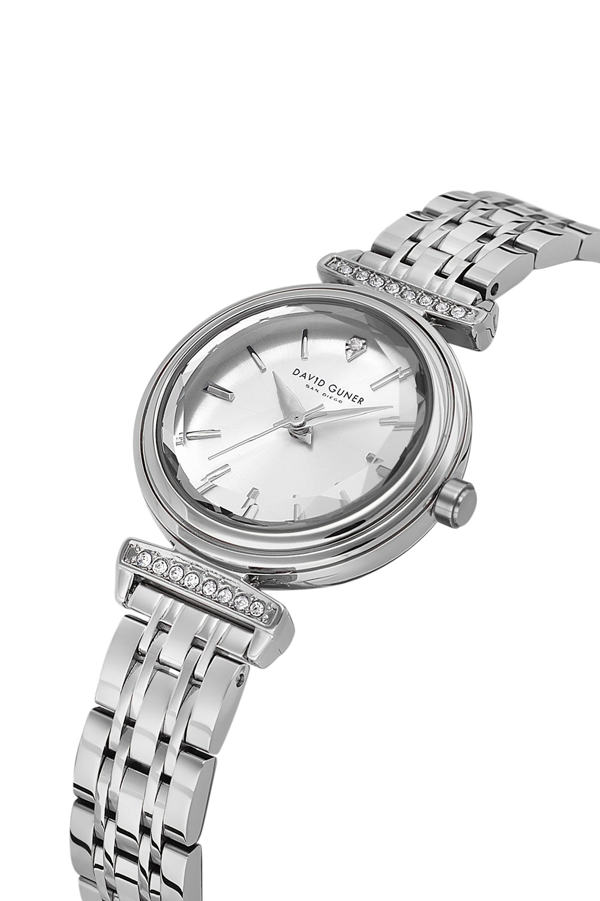 David Guner 9066LA-A1 women's watch with silver dial, silver-tone case and stainless steel bracelet – angled view