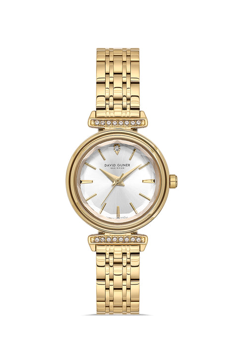David Guner 9066LA-B1 women's watch with silver dial, gold-tone case and stainless steel bracelet – front view
