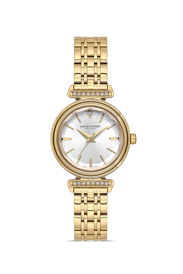 David Guner 9066LA-B1 women's watch with silver dial, gold-tone case and stainless steel bracelet – front view