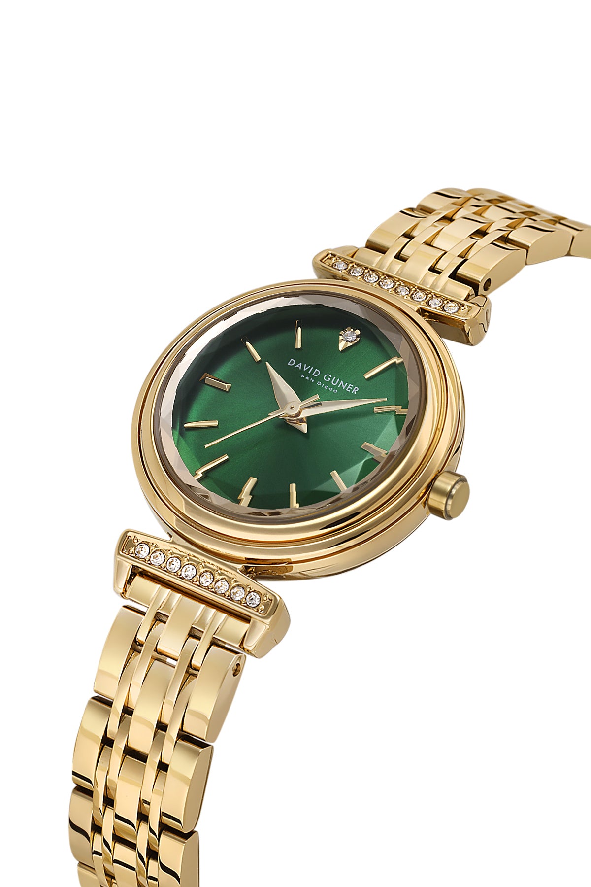 David Guner 9066LA-B10 women's watch with green dial, gold-tone case and stainless steel bracelet – angled view