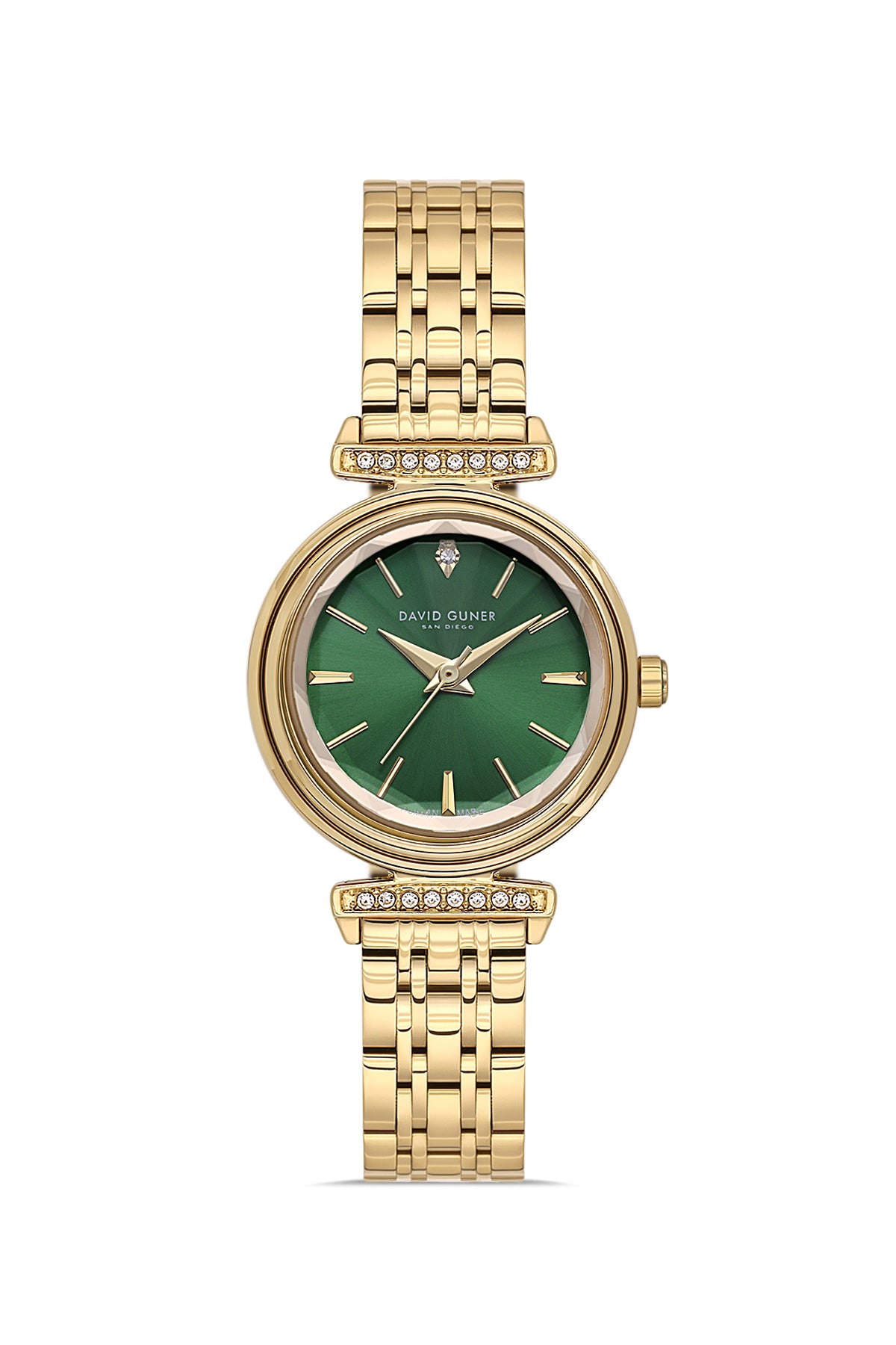 David Guner 9066LA-B10 women's watch with green dial, gold-tone case and stainless steel bracelet – front view