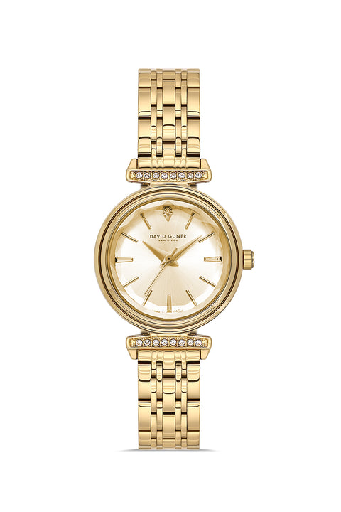 David Guner 9066LA-B4 women's watch with gold dial, gold-tone case and stainless steel bracelet – front view