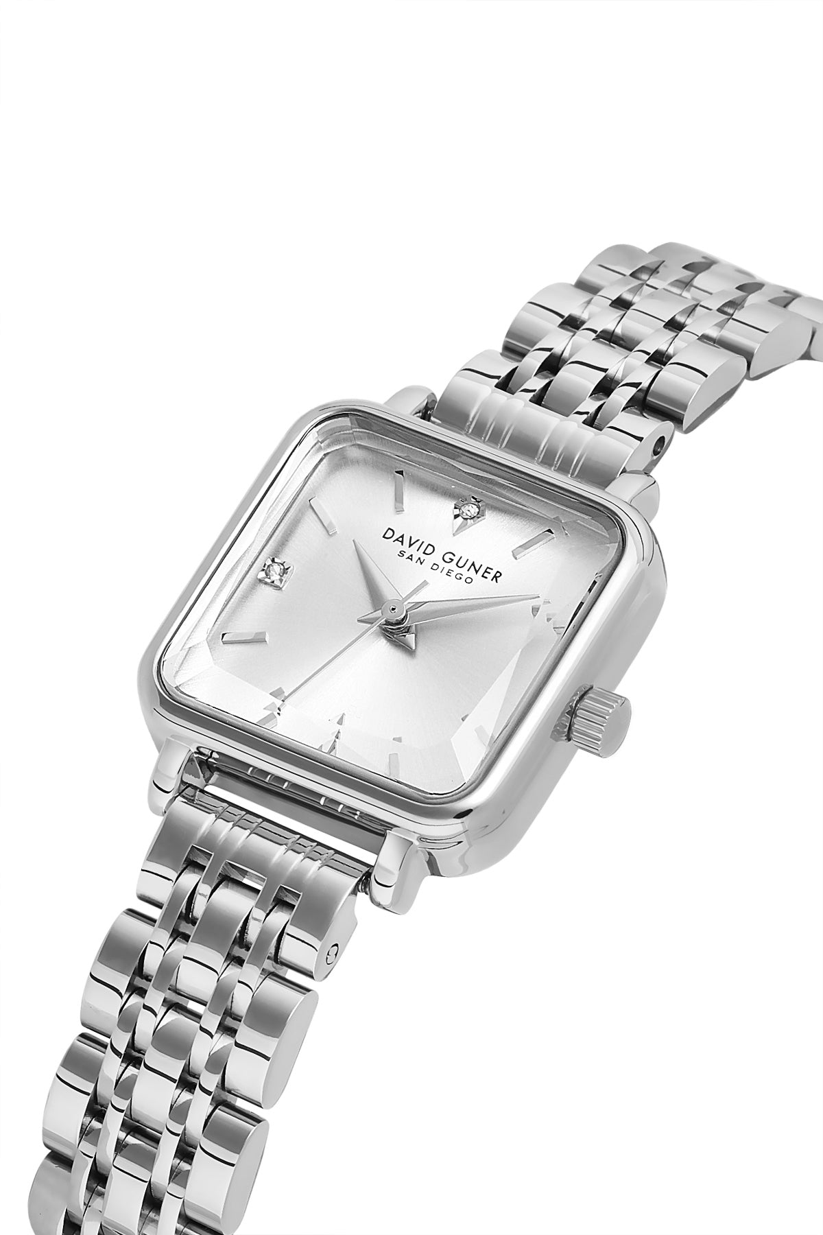 David Guner 9068LA-A1 women's watch with silver dial, silver-tone case and stainless steel bracelet – angled view