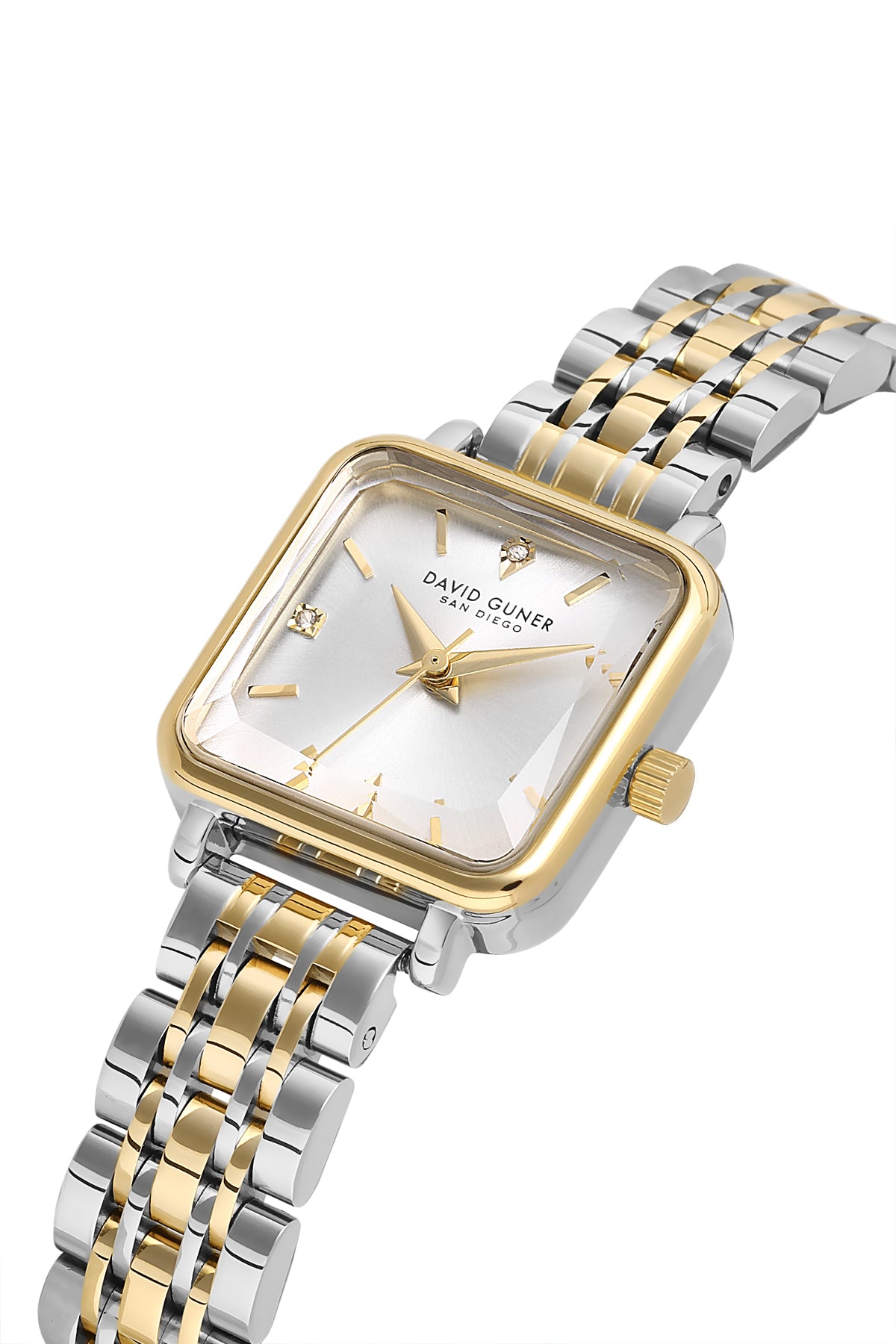 David Guner 9068LA-D1 women's watch with silver dial, two-tone case and stainless steel bracelet – angled view