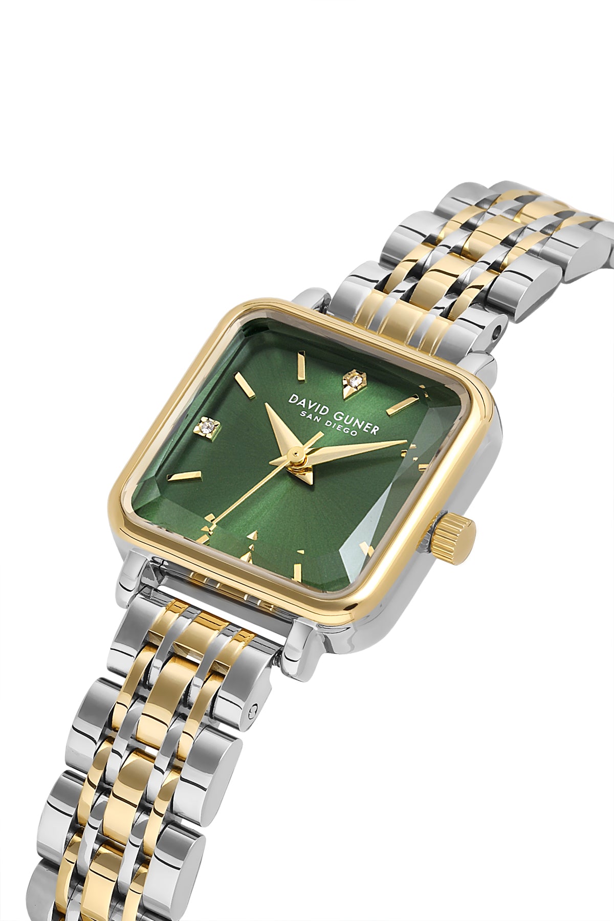 David Guner 9068LA-D10 women's watch with green dial, two-tone case and stainless steel bracelet – angled view