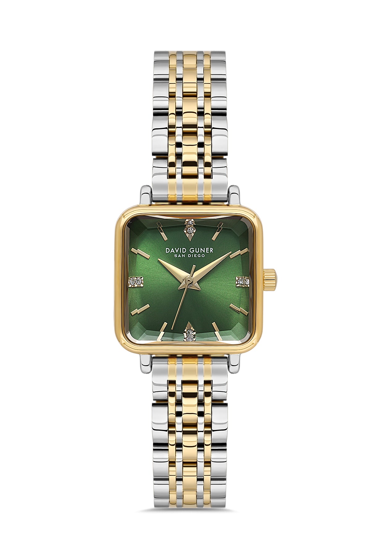 David Guner 9068LA-D10 women's watch with green dial, two-tone case and stainless steel bracelet – front view