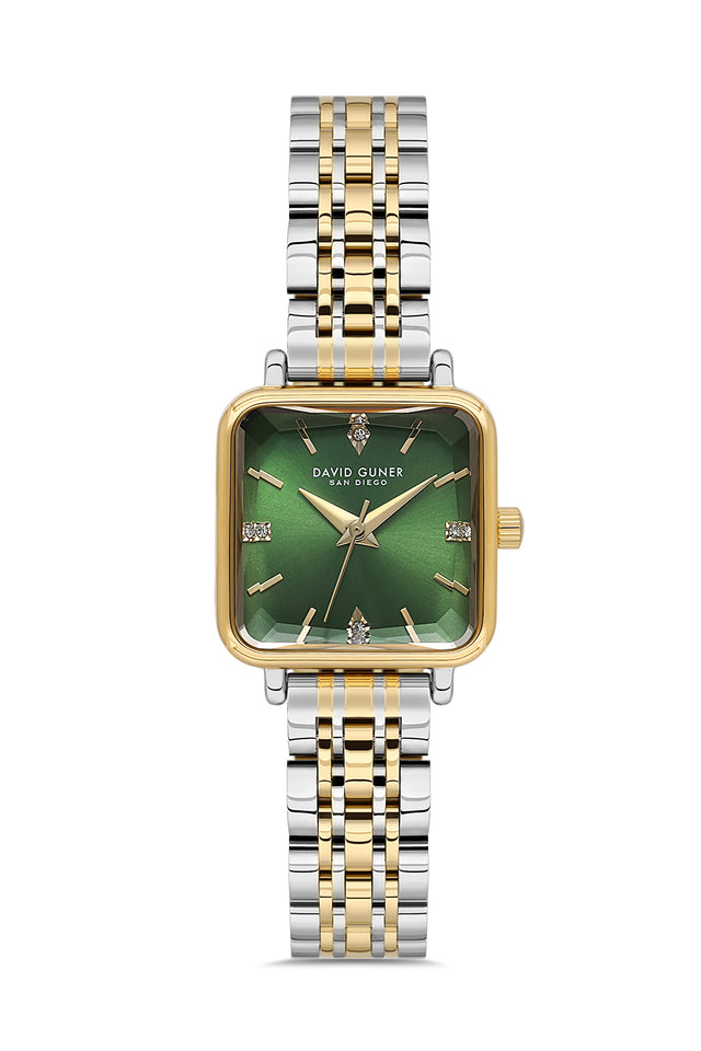 David Guner 9068LA-D10 women's watch with green dial, two-tone case and stainless steel bracelet – front view
