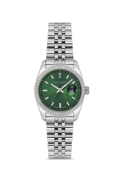 David Guner 9071LA-A10 women's watch with green dial, silver-tone case and stainless steel bracelet – front view