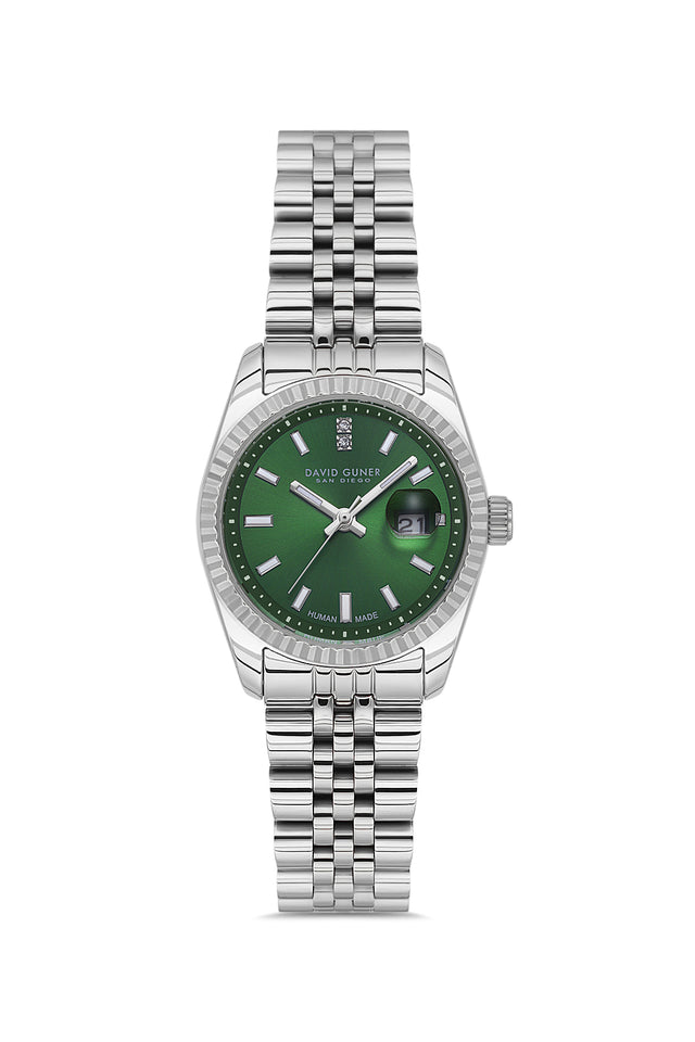 David Guner 9071LA-A10 women's watch with green dial, silver-tone case and stainless steel bracelet – front view
