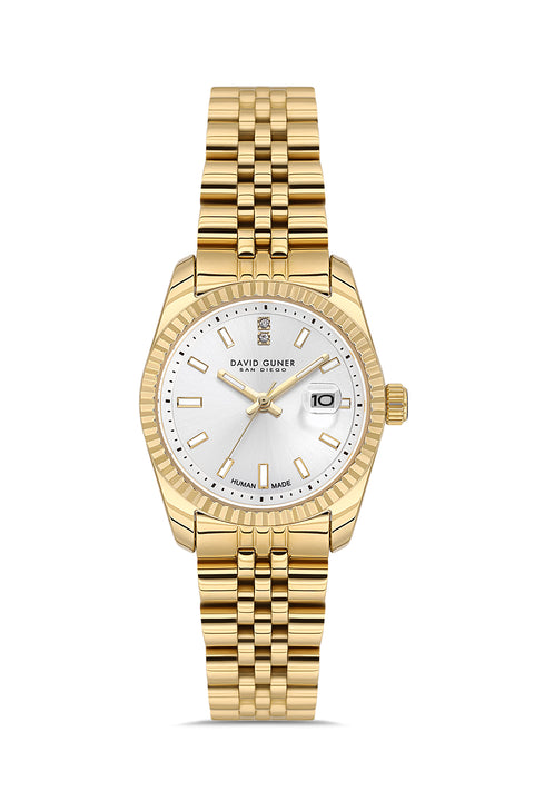 David Guner 9071LA-B1 women's watch with silver dial, gold-tone case and stainless steel bracelet – front view