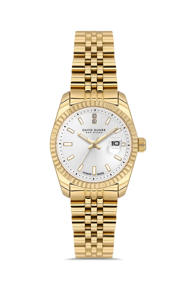 David Guner 9071LA-B1 women's watch with silver dial, gold-tone case and stainless steel bracelet – front view