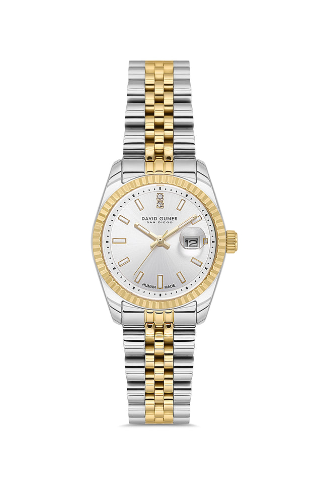 David Guner 9071LA-D1 women's watch with silver dial, two-tone case and stainless steel bracelet – front view