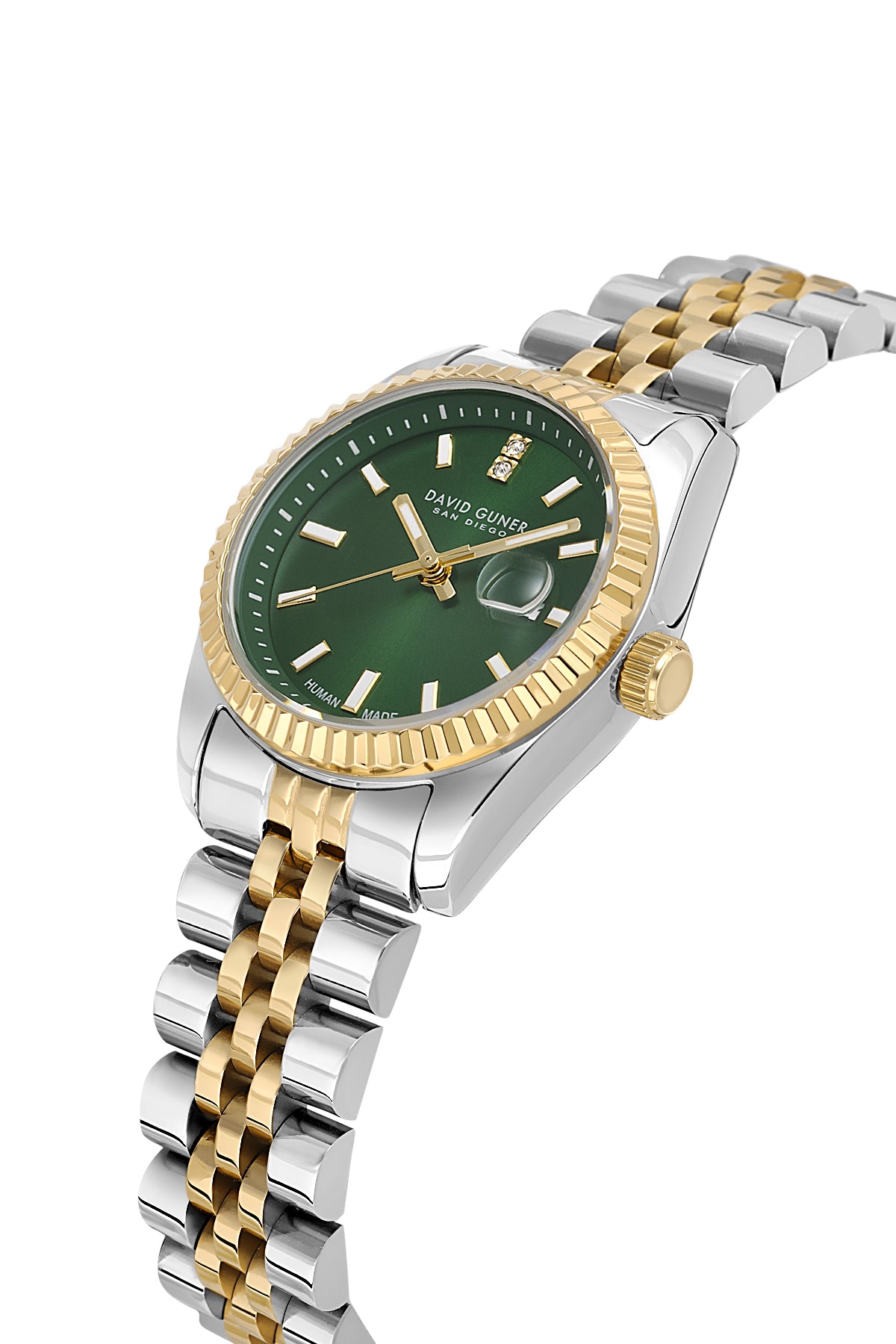 David Guner 9071LA-D10 women's watch with green dial, two-tone case and stainless steel bracelet – angled view