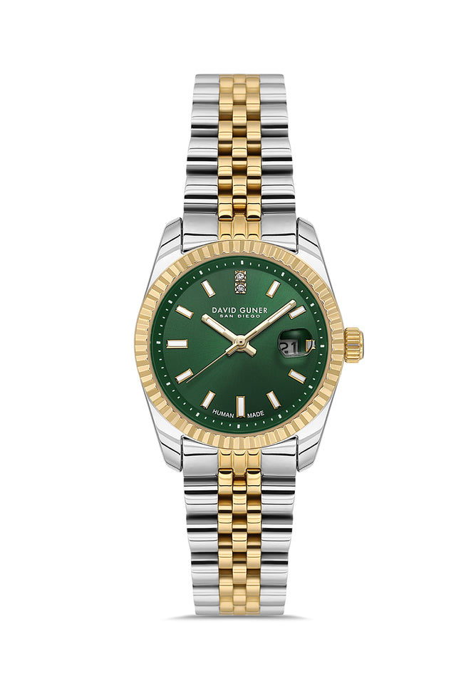 David Guner 9071LA-D10 women's watch with green dial, two-tone case and stainless steel bracelet – front view