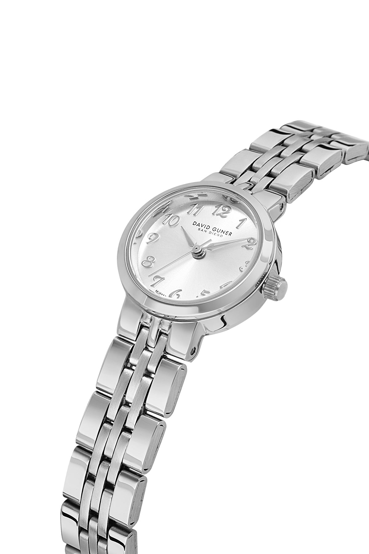 David Guner 9072LA-A1 women's watch with silver dial, silver-tone case and stainless steel bracelet – angled view