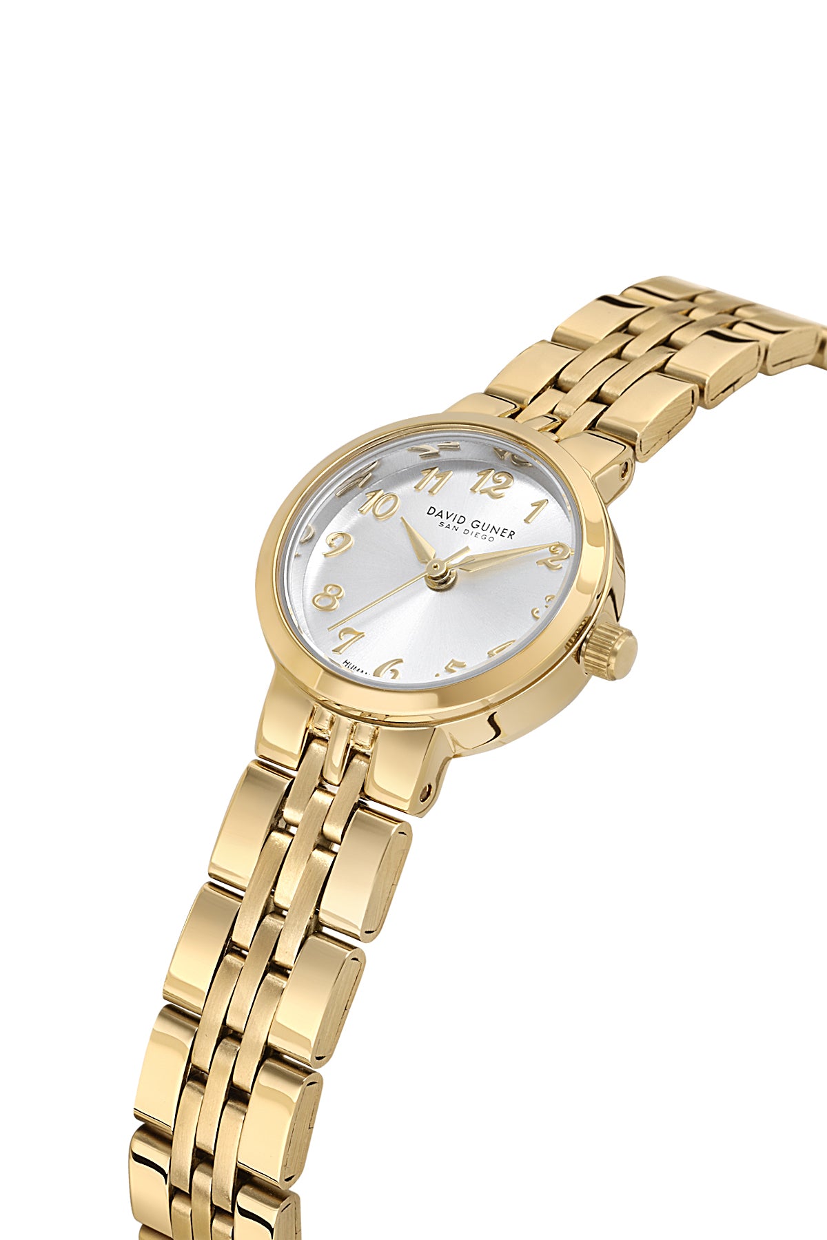 David Guner 9072LA-B1 women's watch with silver dial, gold-tone case and stainless steel bracelet – angled view