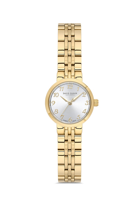 David Guner 9072LA-B1 women's watch with silver dial, gold-tone case and stainless steel bracelet – front view