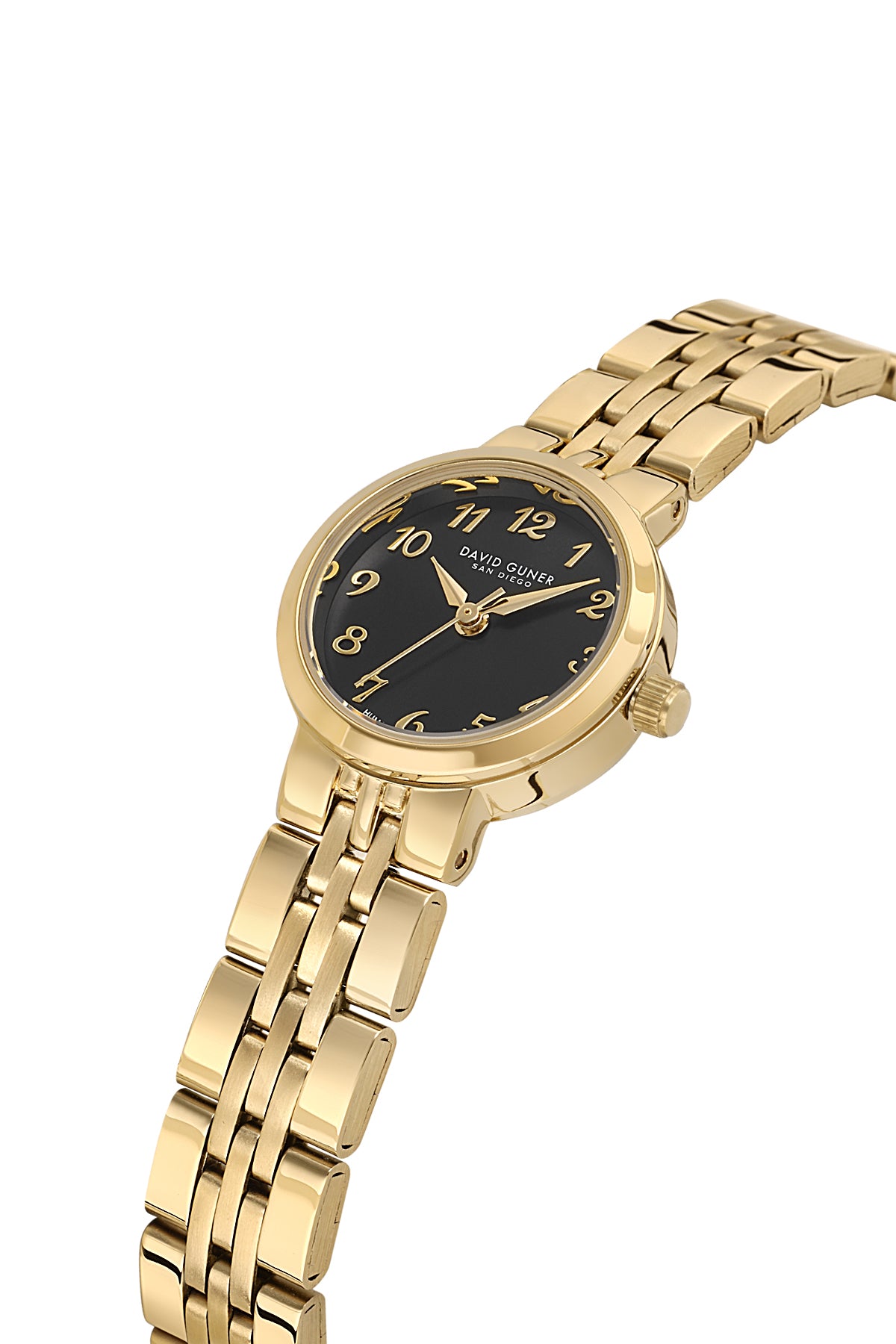 David Guner 9072LA-B2 women's watch with black dial, gold-tone case and stainless steel bracelet – angled view